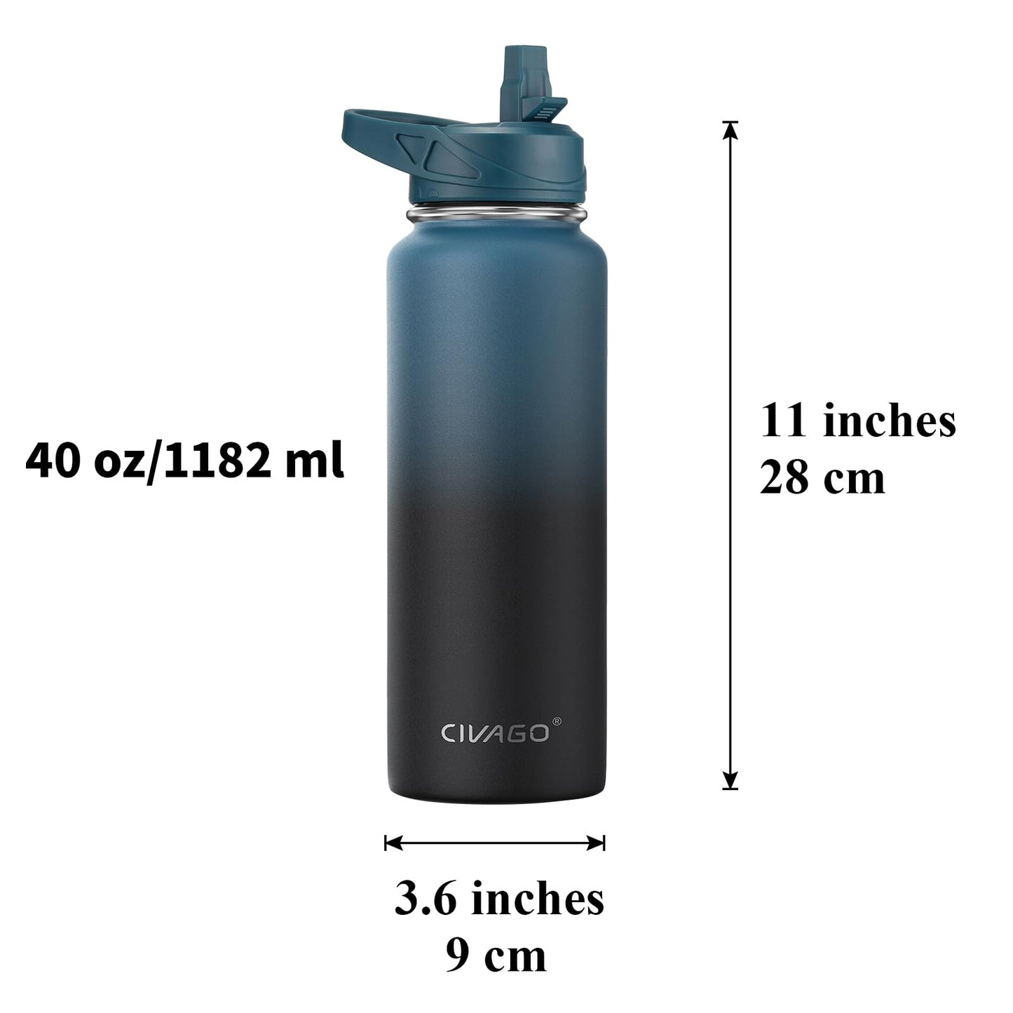 CIVAGO 40 oz Insulated Water Bottle With Straw, Stainless Steel Sports Water Cup Flask with 3 Lids (Straw, Spout and Handle Lid), Double Walled Travel Thermal Canteen Mug, Navy Blue