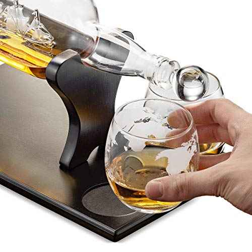 Godinger Ship In A Bottle Whiskey Decanter and Whiskey Glasses Bar Set, for Liquor Scotch Bourbon, Gifts for Men Clear