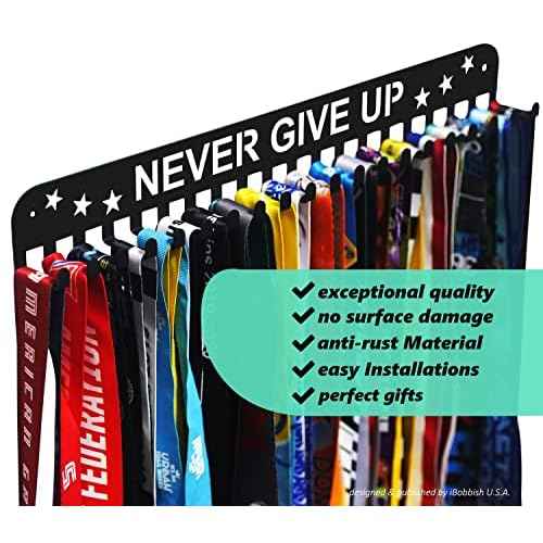 Premium Medal Display Hanger Never Give Up with 20 Hooks,Medal Hanger Display For Wall with 16inchL,race medal display Upgraded Medal Holder display with Simple Design For gymanstics,race,soccer,swim