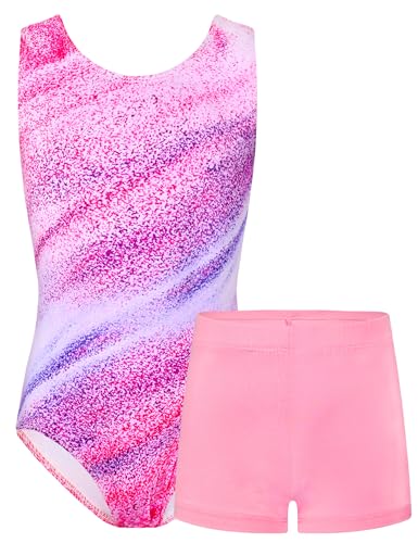 Girls' Gymnastics Leotard Set with Matching Shorts - Pink Stripe, 7-8 Years