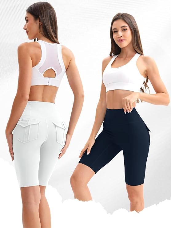 Women’s High Waisted Biker Shorts with Pockets - Large, Black White Navy 3-Pack