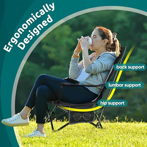 Folding Camping Lawn Chair - Black, Oversized, 600D Oxford Fabric, 2 Pack