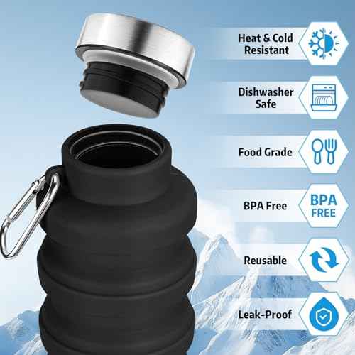 Collapsible Water Bottle,16oz Capacity Portable Reusable Silicone Water Bottle, Leak-proof, with buckle, foldable storage, Lightweight Durable for Fitness, Cycling, Sports, Camping, Hiking (Pink)