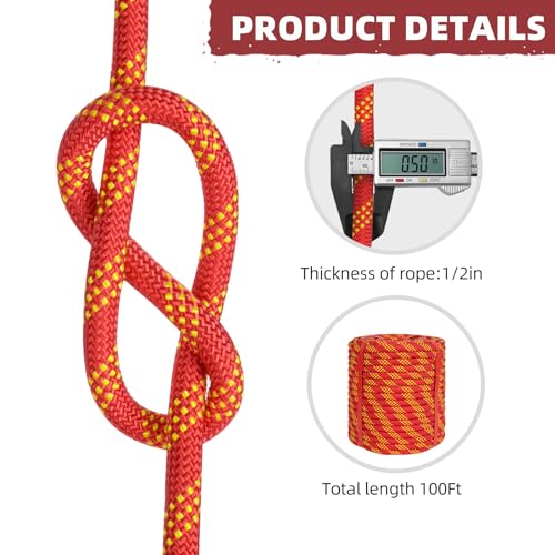 1/2 Inch Static Climbing Rope - 150 Ft High Strength Arborist Bull Rope for Tree Rigging & Rappelling - Red / 48 Strand Polyester Braided