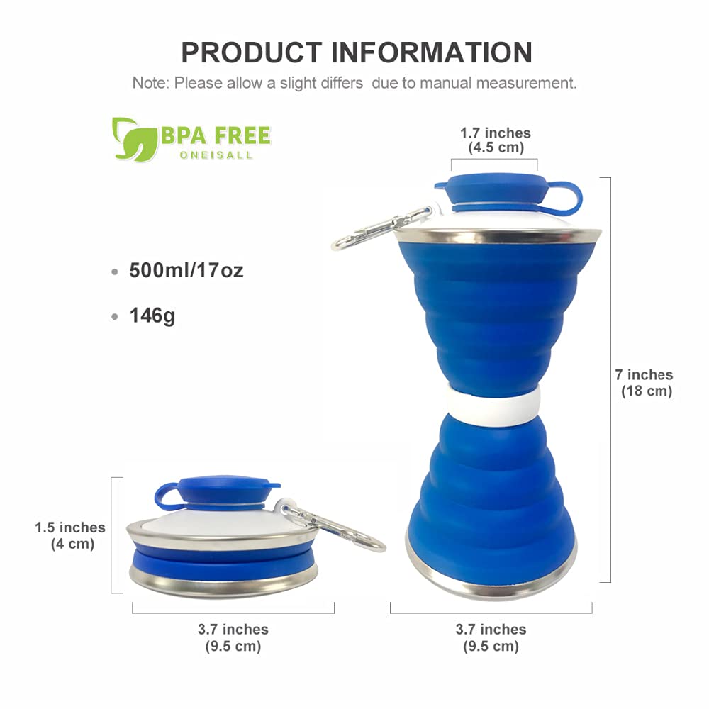 Collapsible Water Bottle, Camping Cup With Carabiner, Reuseable Silicone Foldable Leak Proof Portable Sports Travel Water Bottles For Outdoor, Travel Gym Hiking, BPA Free, Cycling Cups with Carabiner