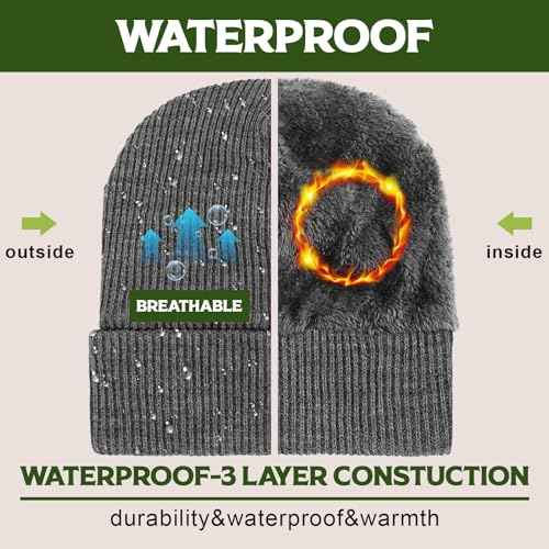 Jeyiour 3 Pcs Waterproof Beanie Fleece Lined Thermal Winter Hat Waterproof Windproof Knit Cap for Men Women Hiking Skiing