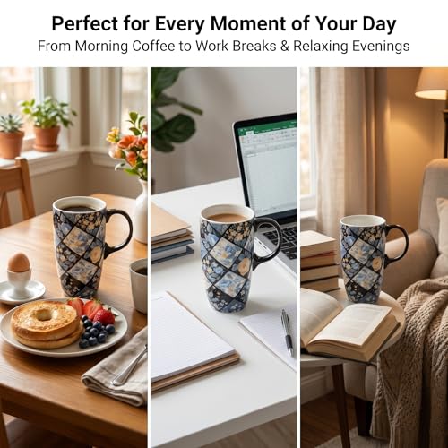 Travel Mug 17oz Diamond Floral Ceramic Coffee Cup with Blue Rose Design - Geometric Floral Variation
