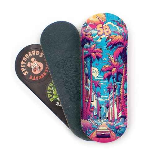 SPITBOARDS¢ç 34mm Fingerboard Deck - Real Wood (5-Layers) Classic Popsicle Street Shape - Size: 34 x 96 mm - Single Graphic Deck (Real Wear) - Optimized Concave - Miami Street
