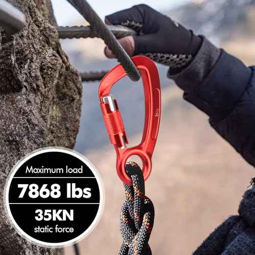 T-Fly Auto Locking Carabiner 35KN (7868 lbs), UIAA Certified 5.4" Climbing Rock Carabiner with Round Eyelet for Rappelling, Climbing, Ropes (Red)
