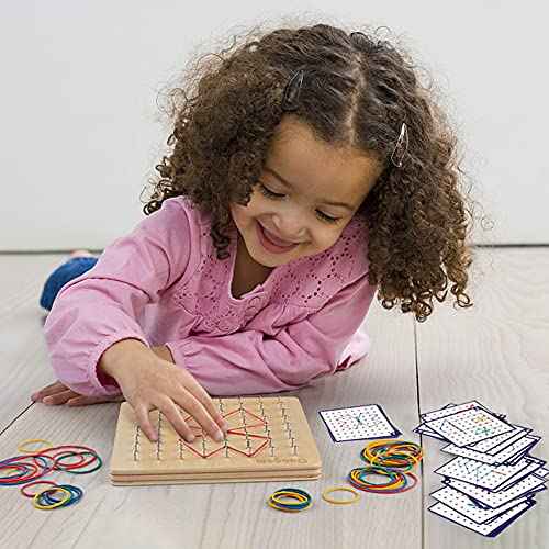 Coogam Wooden Geoboard Mathematical Manipulative Material Array Block Geo Board ? Graphical Educational Toys with 30Pcs Pattern Cards and Latex Bands Shape STEM Puzzle Matrix 8x8 Brain Teaser for Kid