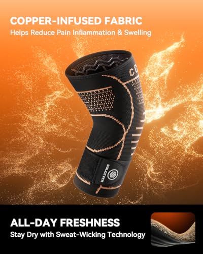 SoloEver Black Copper Elbow Compression Sleeve for Tennis Elbow, Tendonitis - L