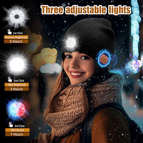 Bluetooth LED Beanie Hat, Rechargeable Music Beanie Cap for Winter, Headlamp hat Music hat & Calls, 3 Light Modes for Running Hiking Camping, Black (Unisex)