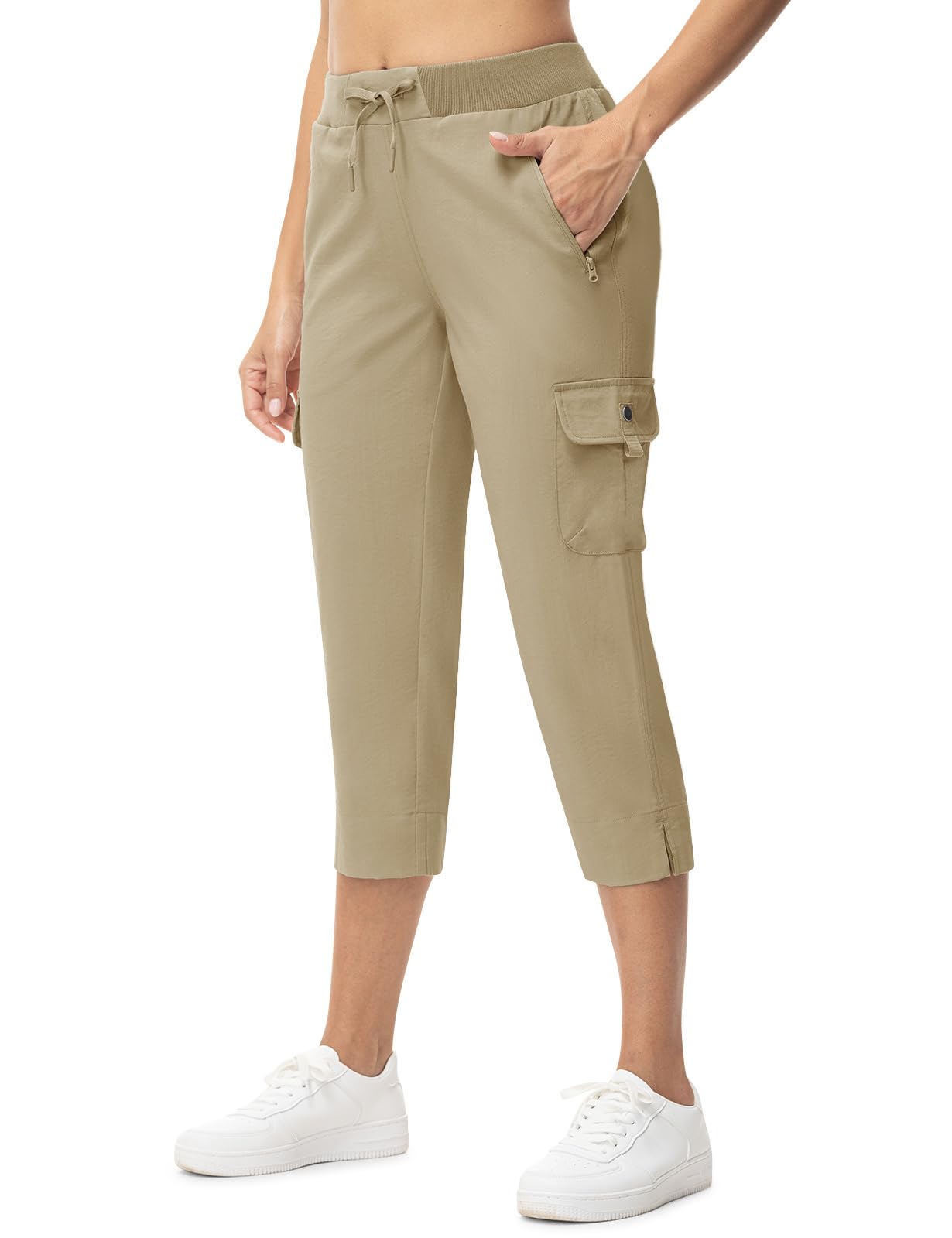 TBMPOY Women's Capri Pants Lightweight Quick Dry Hiking Cargo Pockets Casual Water Resistant Travel Cropped Cotton Light Khaki S