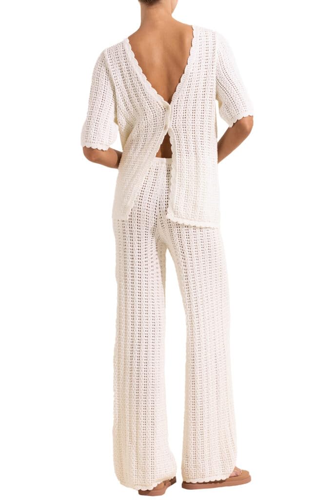 Imily Bela Women's Summer 2 Piece Swimsuit Cover up Crochet Knit Cardigan Tops Long Pants Set Bathing Suit Beach Outfit