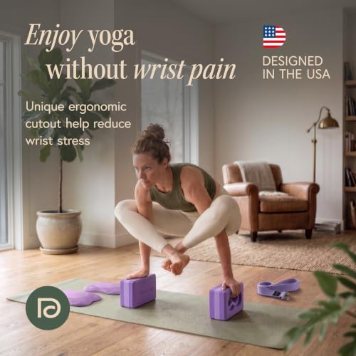 Purple Yoga Blocks 2 Pack with Wrist Support, Knee Pads & Strap - Exercise Set