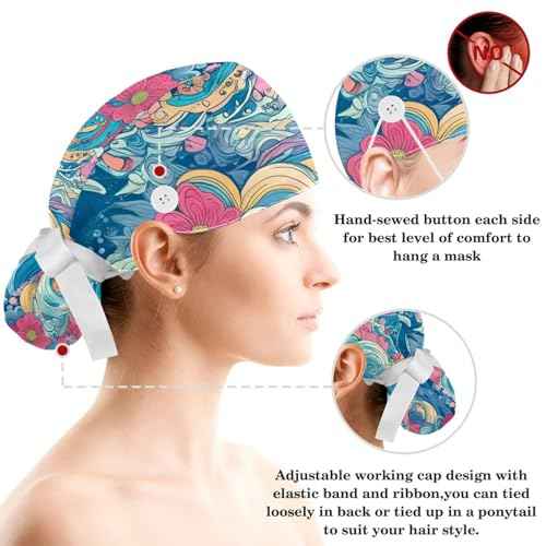 Scrub Caps Women, Surgical Caps with Ponytail Pouch and Buttons, Nurse Bouffant Adjustable, with Bow Hair Scrunchy, Wave and Floral Vintage Japanese Abstract Art Blue