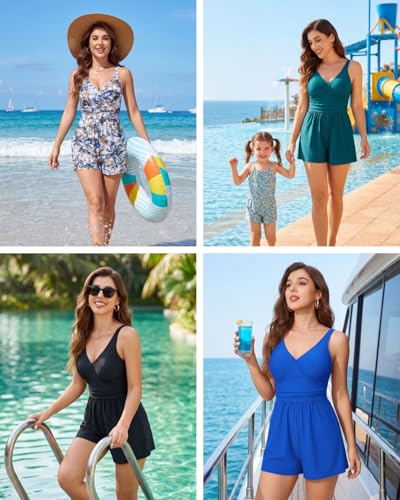 Women’s Black Swim Romper with Tummy Control V-Neck & Shorts - Large