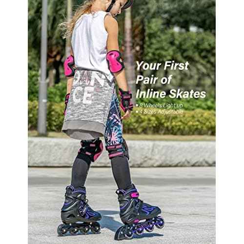 2PM SPORTS Vinal Girls Adjustable Flashing Inline Skates, All Wheels Light Up, Fun Illuminating Skates for Kids Men Adult Women and Boys