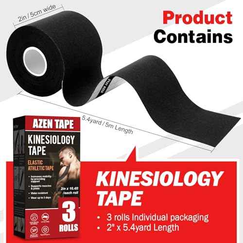 AZEN 3 Rolls Kinesiology Tape, 16.4 ft Waterproof Kinetic Tape for Joints Support and Muscle Pain Relief, Uncut Muscle Tape, Knee Tape, Athletic Tape - Black
