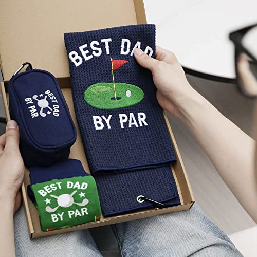 Father Golf Gift Set with Microfiber Waffle Towel, Ball Bag & Funny Socks - Navy Blue