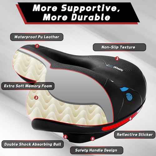 Comfortable Bike Seat, Bike Saddle with Memory Foam Padded, Wide Bicycle Seat with Dual Shock Absorbing and Night Reflective Strips for Men Women