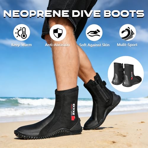 Men Women 5MM Neoprene Dive Boots with Anti-Slip Rubber Sole Zipper - Black, Size 6/7