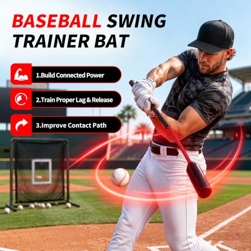 Red Rope Swing Bat Trainer for Baseball & Softball with 12 Training Balls