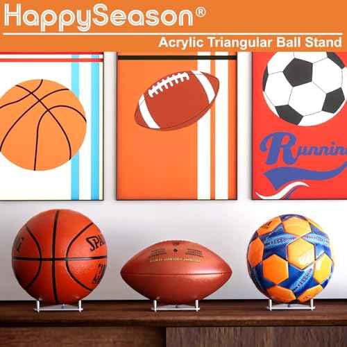 Happyseason 3-Pack Acrylic Football Stand, Basketball Stand with Stainless Steel Rods, Soccer Ball Holder, Volleyball Holder, Round-Edge Rack for Balls, Easy to Assemble (Clear)