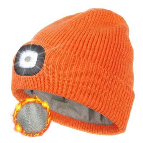 MELASA Winter Fleece Lined LED Beanie, USB Rechargeable Hand Free Warm Hat with Light Built in, Gifts for Men Dad Husband Him