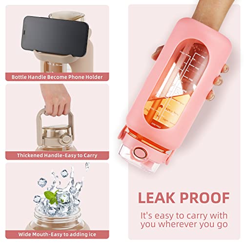 42 oz Glass Water Bottle with 2-in-1 Straw Lid, Large Half Gallon with Time Marker