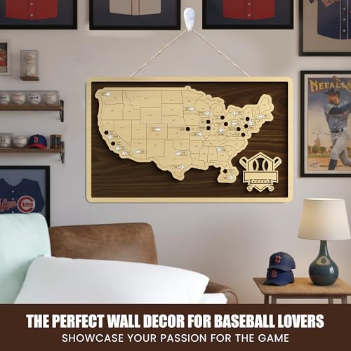 Baseball Stadium Map Tracker with Pins - Wooden Wall Art & Travel Checklist