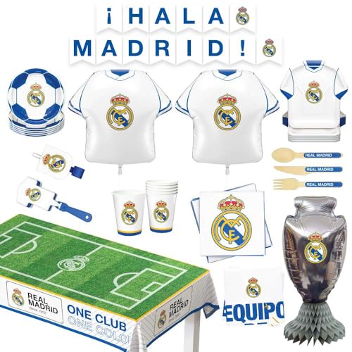 Real Madrid Soccer Team Party Supply Set - 77 Pieces for 6 Fans, White, Birthday & Match Day Decorations
