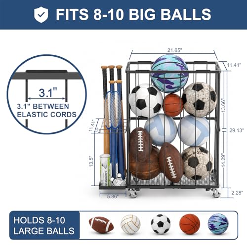 ClookRack Black Large Garage Ball Storage Rack with Wheels, Sports & Toy Organizer