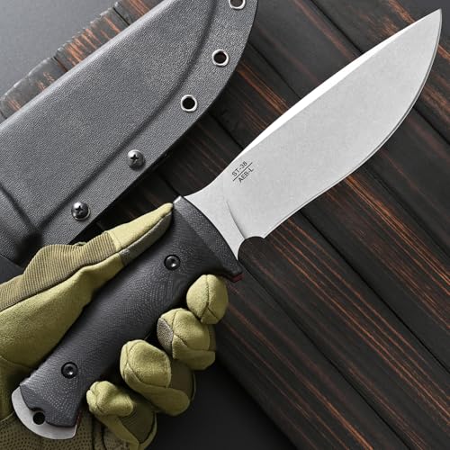 Fixed Blade Knife with Stonewashed Steel Blade and G10 Handle - Silver, Full Tang, Survival Outdoor Knife