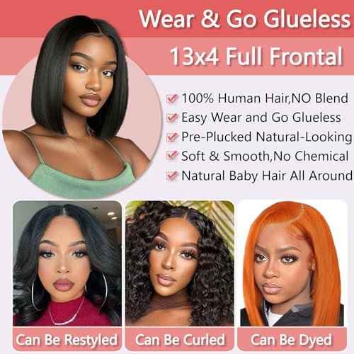 10 Inch Bob Wig Human Hair 13x4 HD Lace Front Wigs Pre Plucked Short Bob Wig Lace Frontal Wigs for Black Women, Short Straight Glueless Human Hair Wig with Elastic Band, 180% Density, Natural Black
