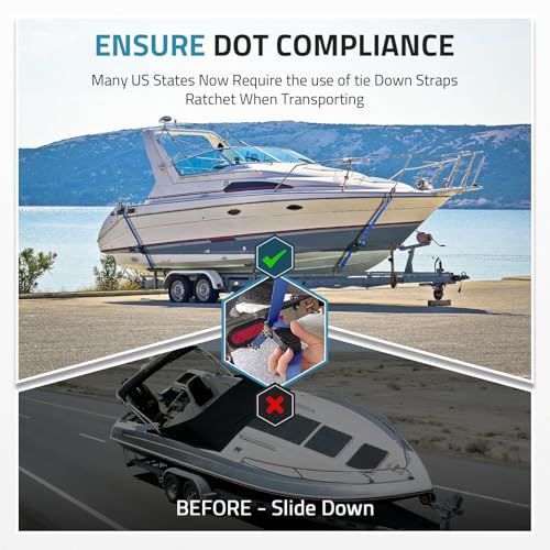 Manual Boat Trailer Tie-Down Straps 1in x 4ft, 2400 lbs Adjustable Marine Ratchet with Quick Release & Anti-Scratch Hooks - Pair