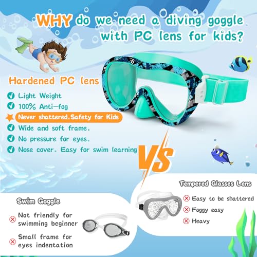 Kids Swim Goggles with Nose Cover - Green Rider, 180° Panoramic, Anti-Fog & Leak-Resistant, UV Protection, Comfort Strap for Boys & Girls 3-15