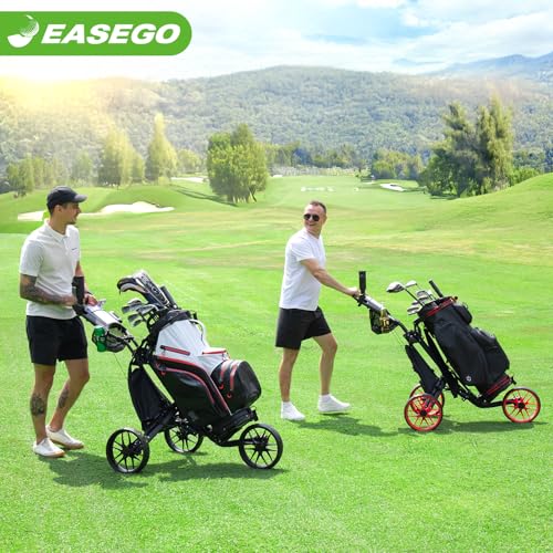 EASEGO Golf Push Cart 3 Wheel : Golf Bag Cart Foldable with Phone Holder/Cup/Umbrella Holder Compact Golf Pull Carts Quick Fold Golf Caddy Push Carts with Large Wheelbase for Different Terrain (red)