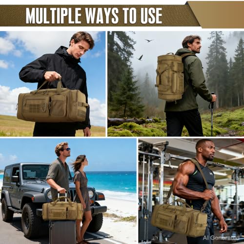 Brown 3-in-1 Tactical Gym Bag Backpack 40-45L Expandable Travel Duffle with Shoe & Wet Pockets
