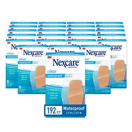 Nexcare Bulk Waterproof Clear Bandages for Knee and Elbow, Stays On in Water, Covers and Protects, 8-Count Packages (Pack of 24)