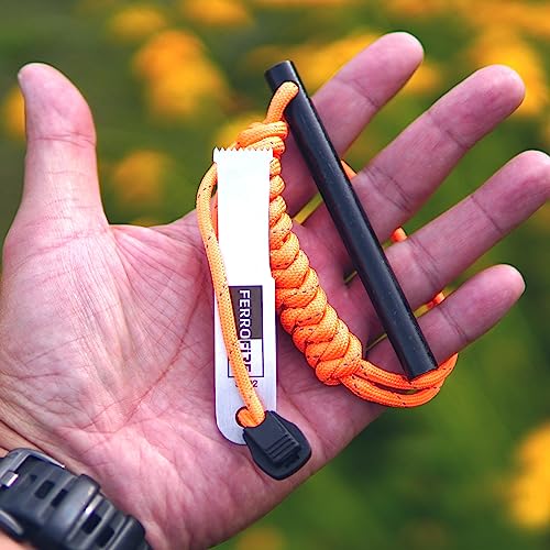 Survival Fire Starter Ferro Rod 3/8" x 4" with Paracord & All-Weather Striker - Variation of FS384 15,000+ Sparks