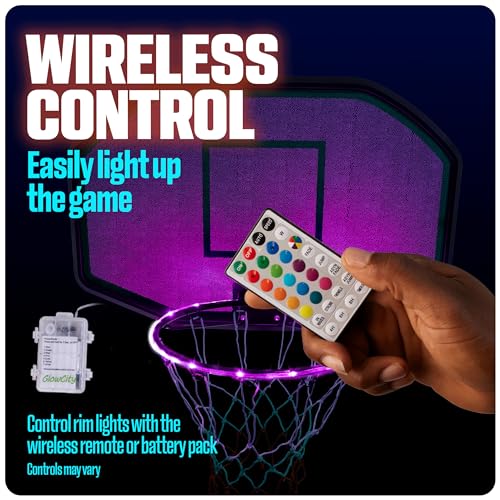 GlowCity Size 7 Glow in The Dark Basketball with Rim Light Set, 29.5-inch Rubber Ball, Pump Included