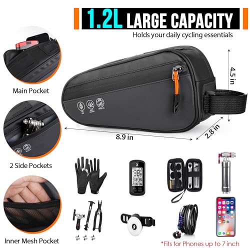 WOTOW Bike Frame Bag - 3 Ways Installation Water Resistant Reflective Bicycle Top Tube Bag with Two Side Pockets, Ebike Cycling Triangle Bag Pouch Accessories for MTB Road Travel (1.2L)