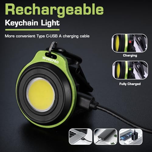 WORKPRO Mini Keychain Work Light Green 1 Pc COB LED Flashlight with Hat Clip