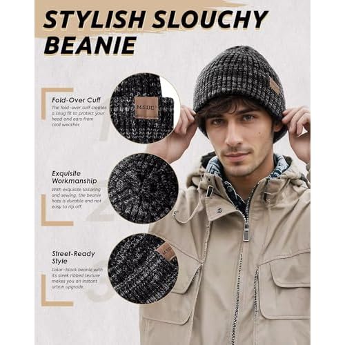 MSDC 3 Pack Winter Hats for Men, Warm Fleece Lined Beanie for Men Women, Fashionable Knit Hat Skull Cap for Cold Weather