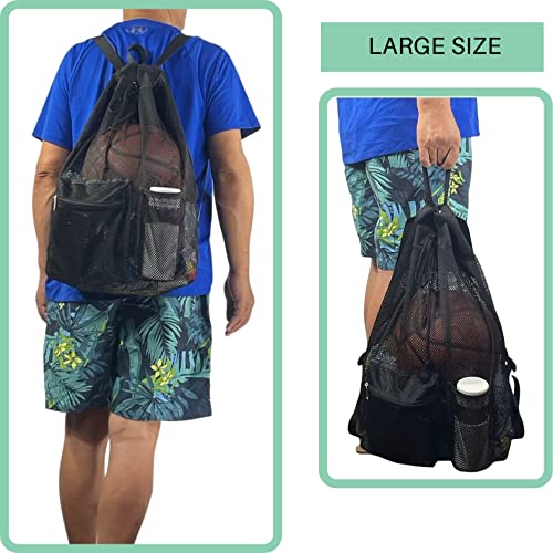 Large Mesh Drawstring Backpack for Gym & Travel - Black, 21x12.5x5.5 Inches