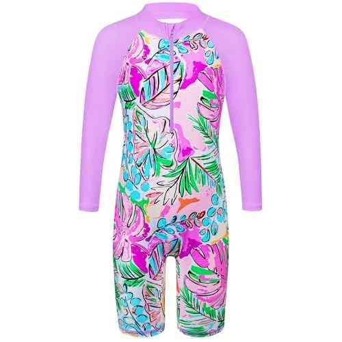TFJH E 1PCS Long Sleeve Girls Bathing UPF 50+ Rash Guard Suits Swimsuts Zip 3-14Y
