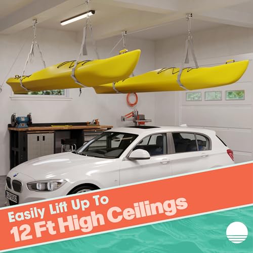Kayak Storage Hoist System with Overhead Pulley for Garage or Shed