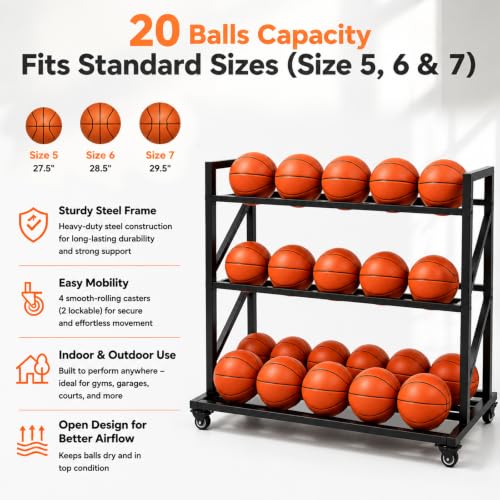 3-Tier Basketball Storage Rack with 20-Ball Capacity & Rolling Wheels