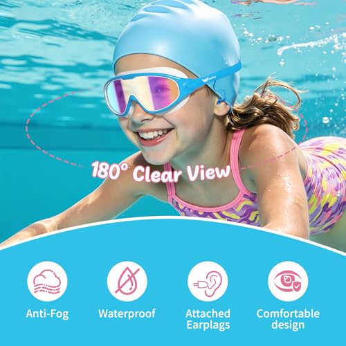 Kids Swim Goggles Anti-Fog UV Protection Cyan+Purple Pack of 2 - Ages 4-14